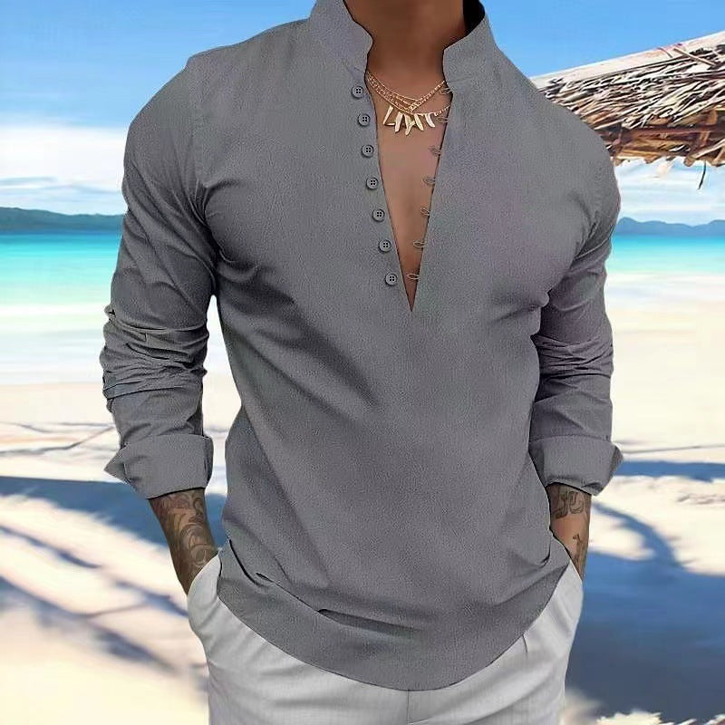 New Men's Retro Cotton and Linen Casual Stand Collar Long Sleeve Shirt