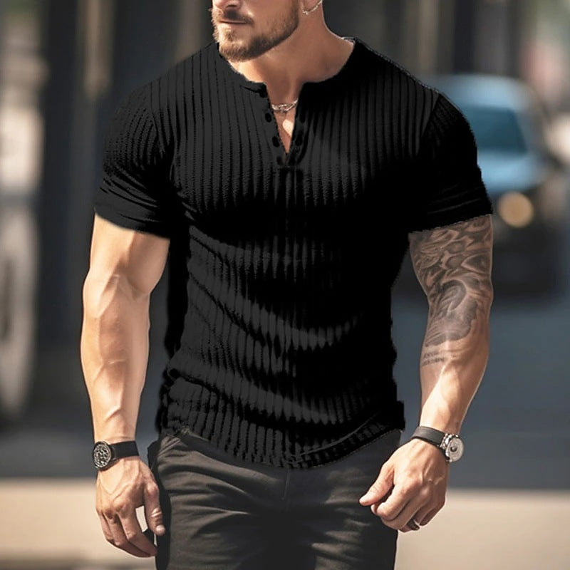 Slim muscle men's short-sleeved T-shirt fitness elastic thread tight solid color