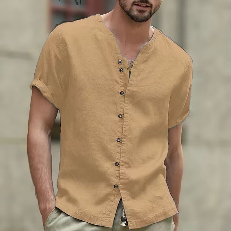 Men's Casual Cotton Linen Shirt Small Turtleneck Solid Color V-Neck Short Sleeve Loose New Style Tops