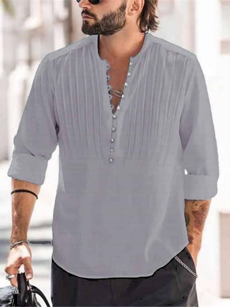 Spring and Autumn Men's Cotton and Linen Pleated Casual Slim Fit Long Sleeve Shirt