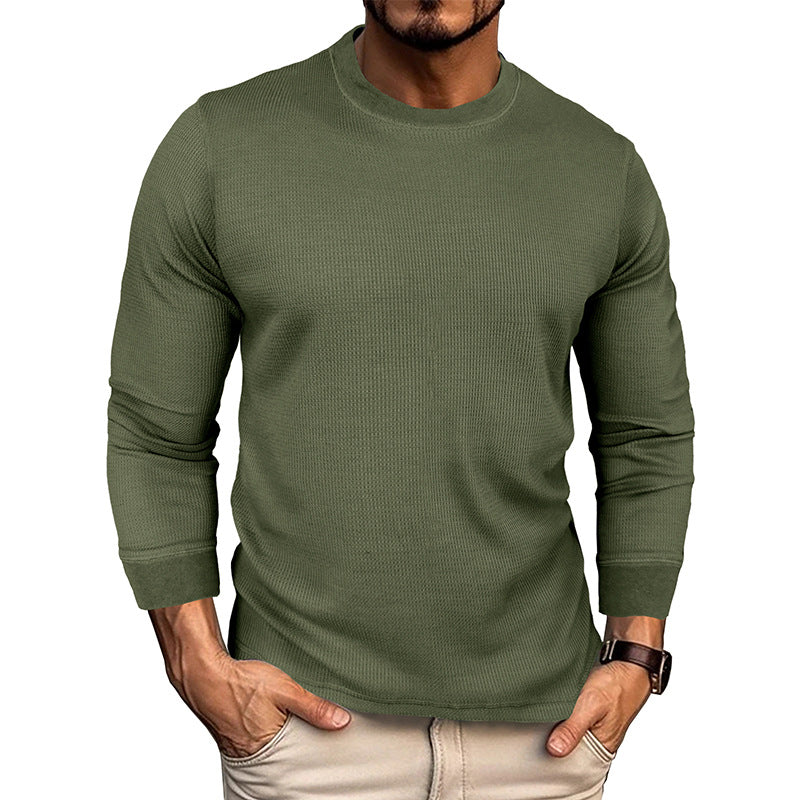 Men's autumn and winter loose round neck long sleeve T-shirt Men's waffle basic T-shirt