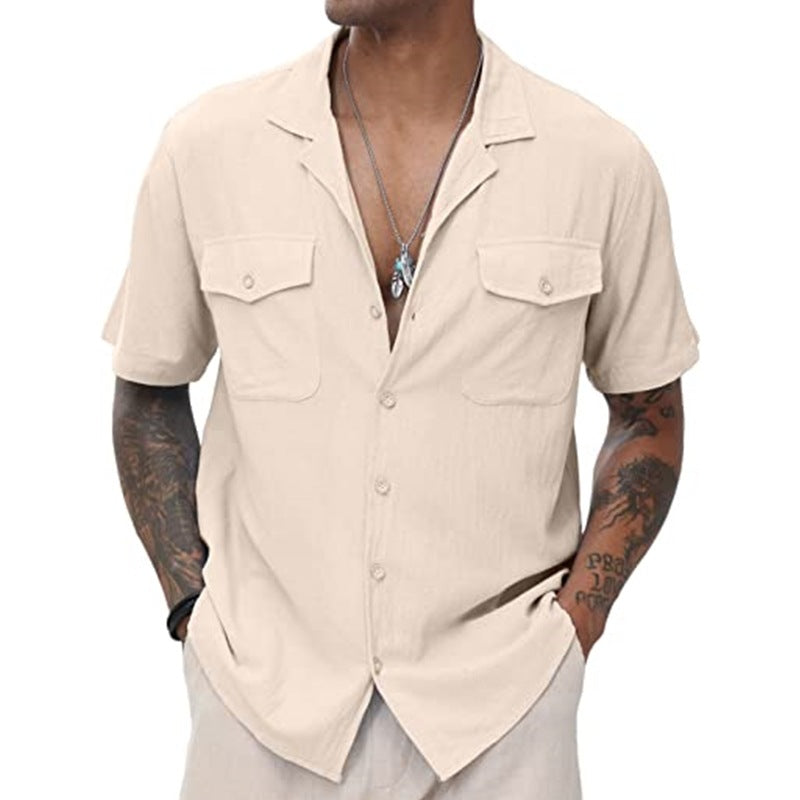 New Men's Casual Cardigan Short Sleeve Double Pocket Shirt Cotton Linen Shirt Button Shirt Summer