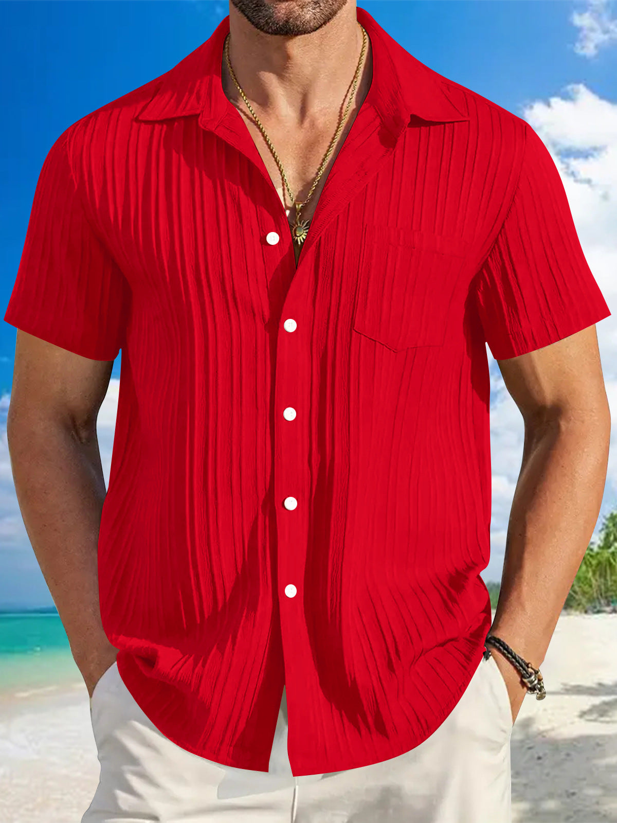 Summer Men's Fashion Striped Casual Beach Shirt Short Sleeve Shirt