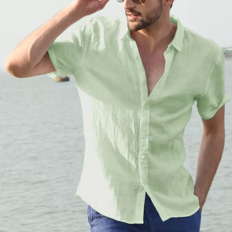 Summer short-sleeved casual cardigan men's shirt men's solid color shirt