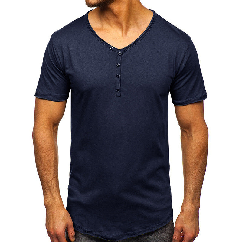 Summer Men's Short Sleeve T-Shirt Clothing V-Neck Henry T-Shirt Men's Tops