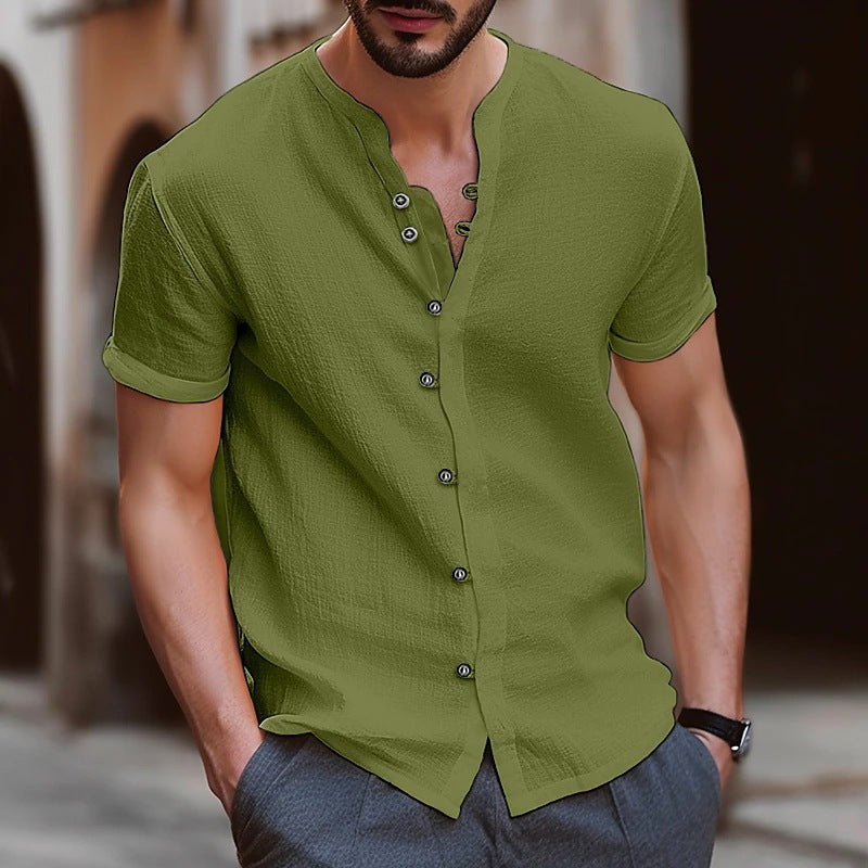 New Fashion Men's Retro Button Cotton and Linen Casual Short Sleeve Shirt