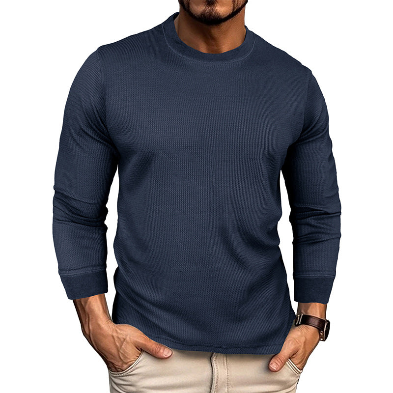 Men's autumn and winter loose round neck long sleeve T-shirt Men's waffle basic T-shirt