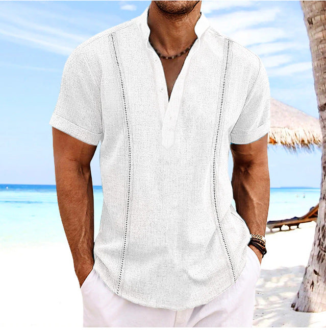 Men's short-sleeved solid color cotton and linen shirt tops