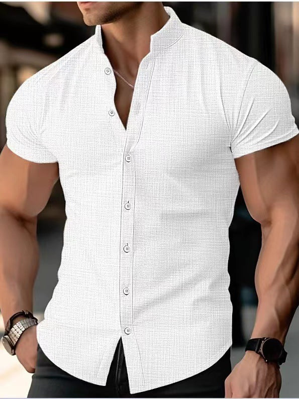 Cotton and linen summer thin casual men's stand-up collar solid color short-sleeved shirt