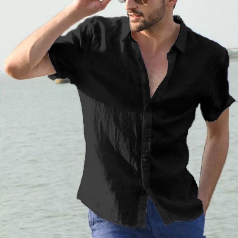 Summer short-sleeved casual cardigan men's shirt men's solid color shirt