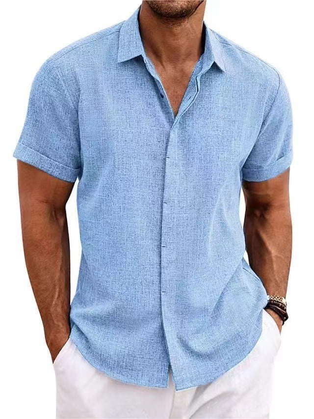 New summer European and American men's shirt solid color short-sleeved lapel shirt tops