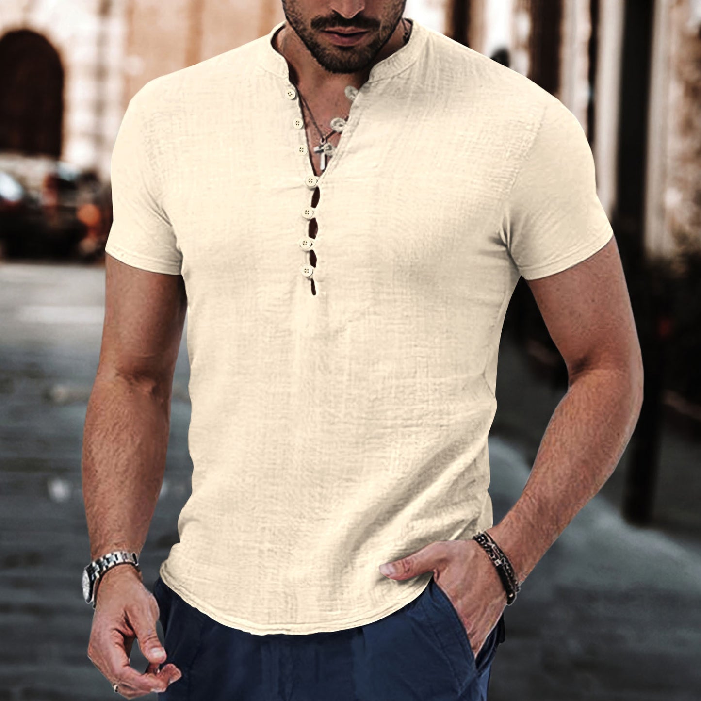 New Men's Retro Cotton and Linen Casual Collar Short Sleeve Shirt